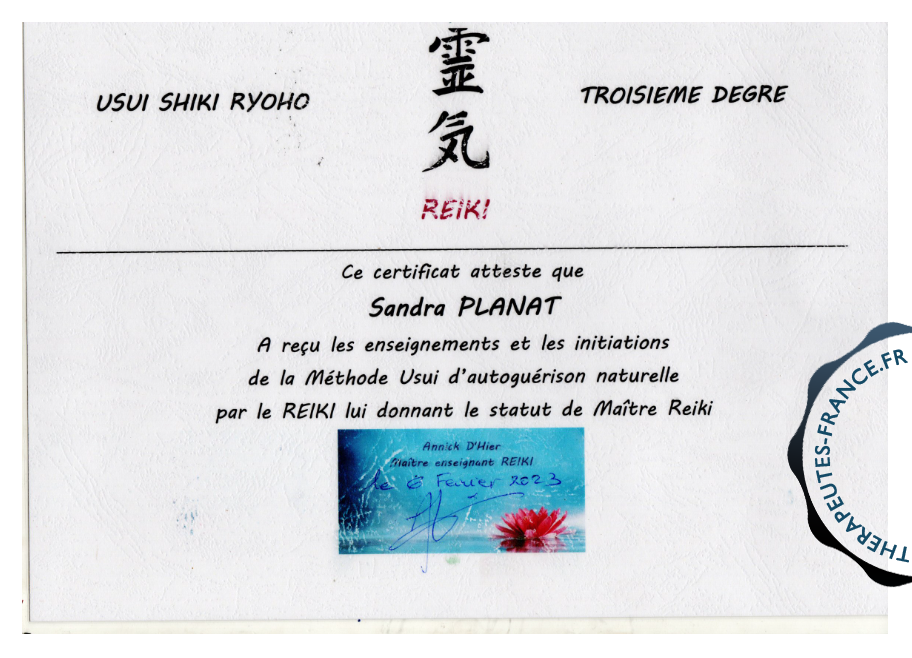 3 &egrave;me degr&eacute; Reiki Usui